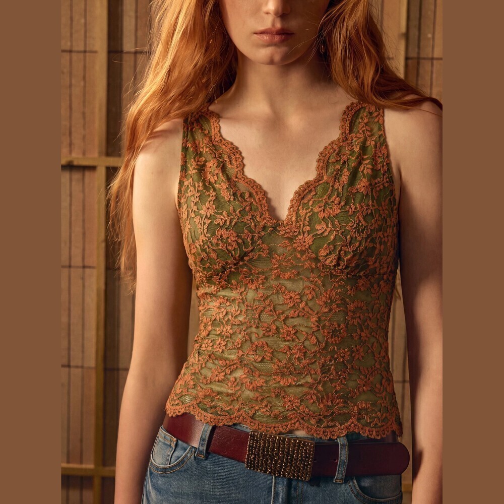 Olive Green / Tan Floral Lace Scalloped V Neck Sleeveless Tank Top